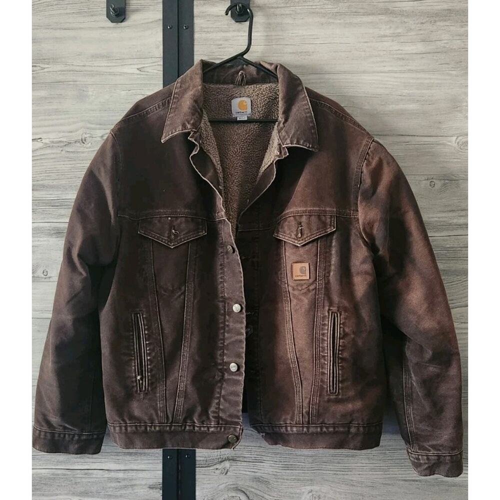Vintage Y2K Carhartt J233 DKB Size 2XL Brown work wear jacket Sherpa Distressed